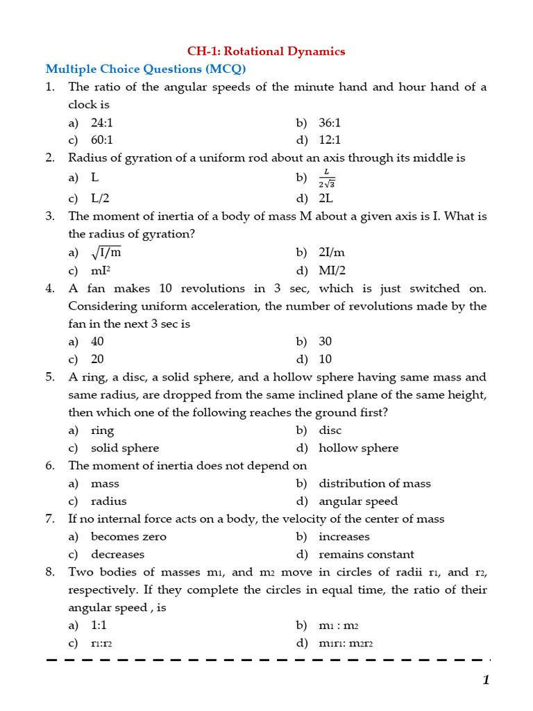 Rotational Dynamics MCQs and Concepts | PDF | Rotation Around A Fixed ...