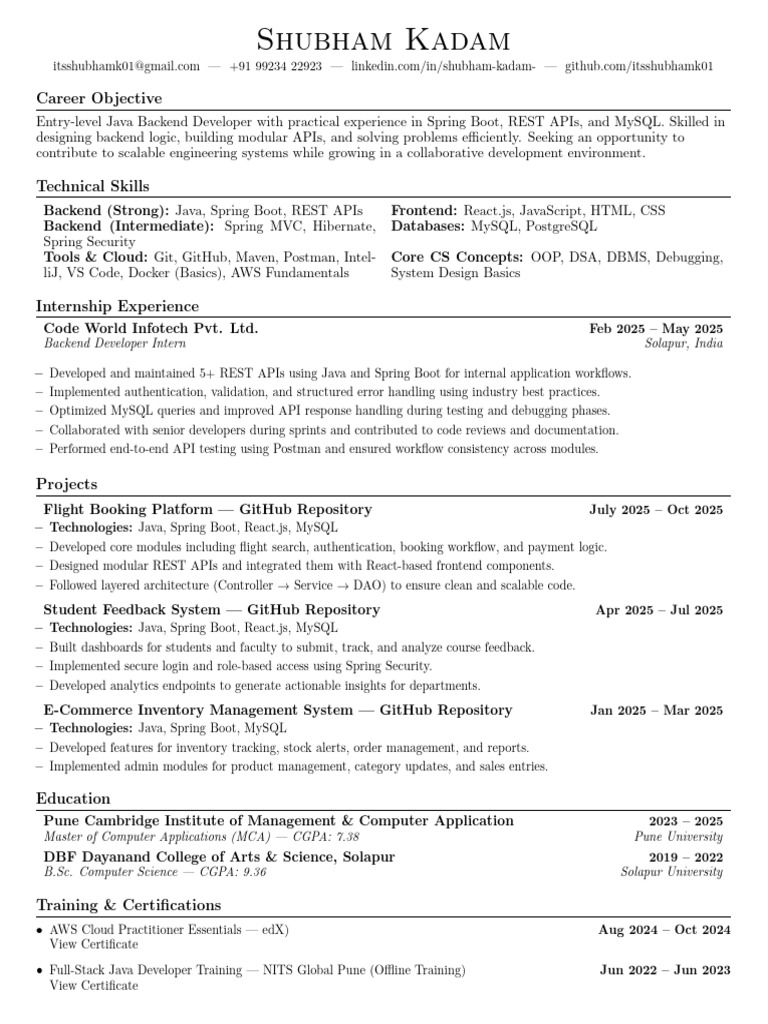 Entry-Level Java Backend Developer Resume | PDF | Databases | Software ...
