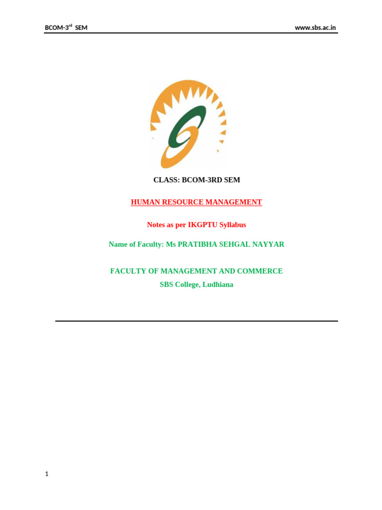 HRM Notes for BCOM 3rd Semester | PDF | Human Resource Management ...
