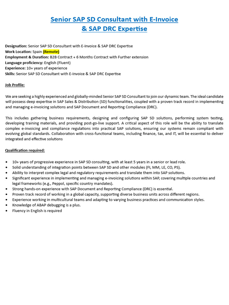 Senior SAP SD Consultant Role in Spain | PDF