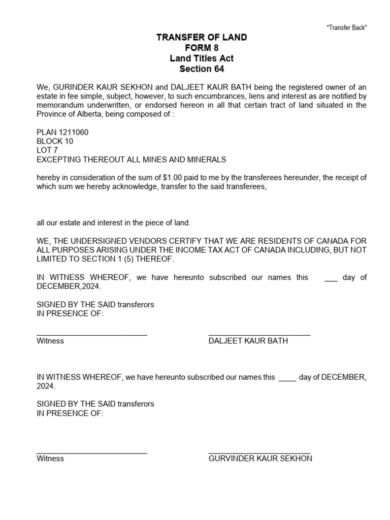Alberta Land Transfer Agreement | PDF | Mortgage Law | Title Insurance