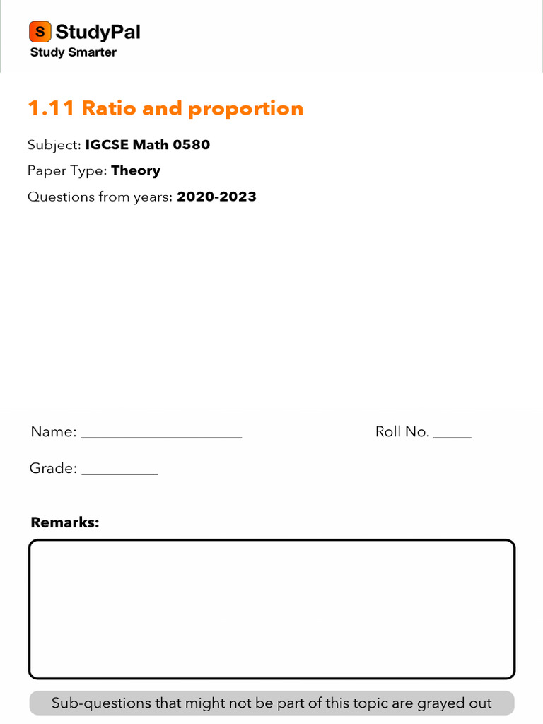 QP - 1.11 Ratio and Proportion | PDF