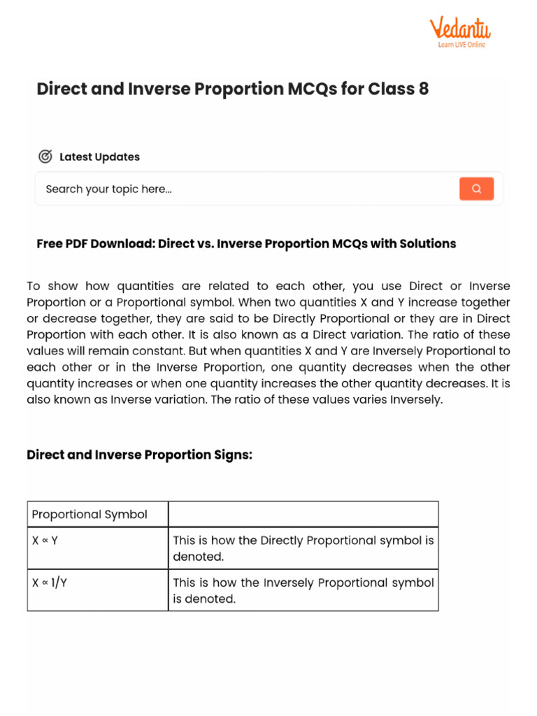 Direct and Inverse Proportion MCQs For Class 8 | PDF