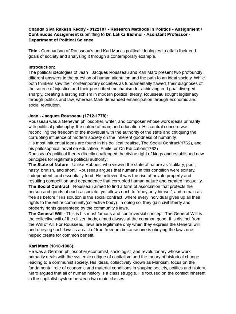 Comparison of Rousseau's and Karl Marx's Political Ideologies To Attain ...
