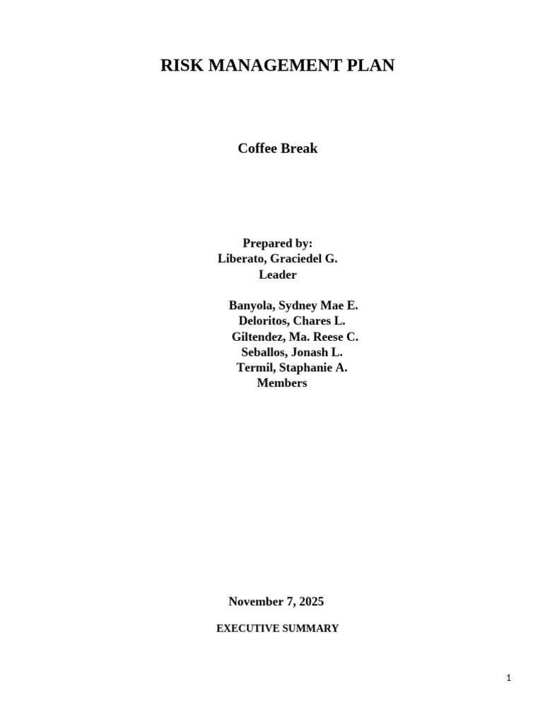 Coffee Break Risk Management Plan | PDF | Risk | Risk Management