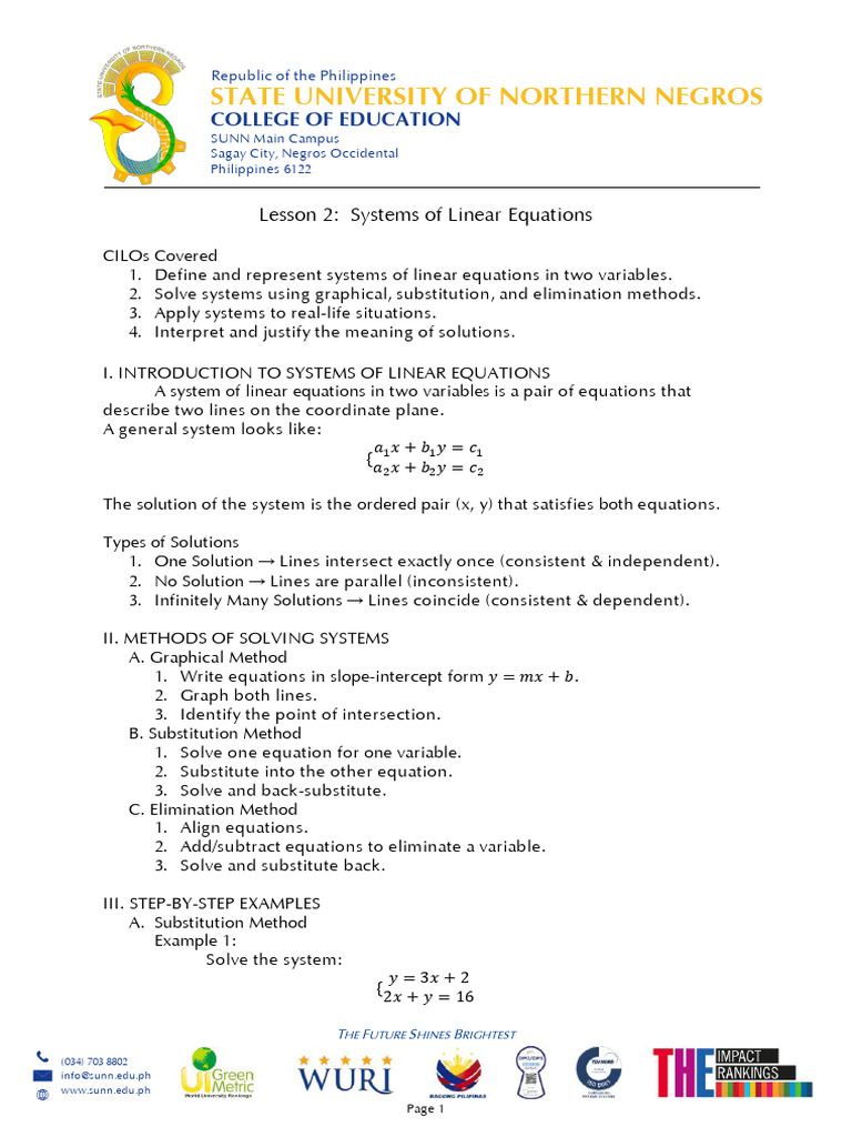 Systems of Linear Equations Guide | PDF | System Of Linear Equations ...