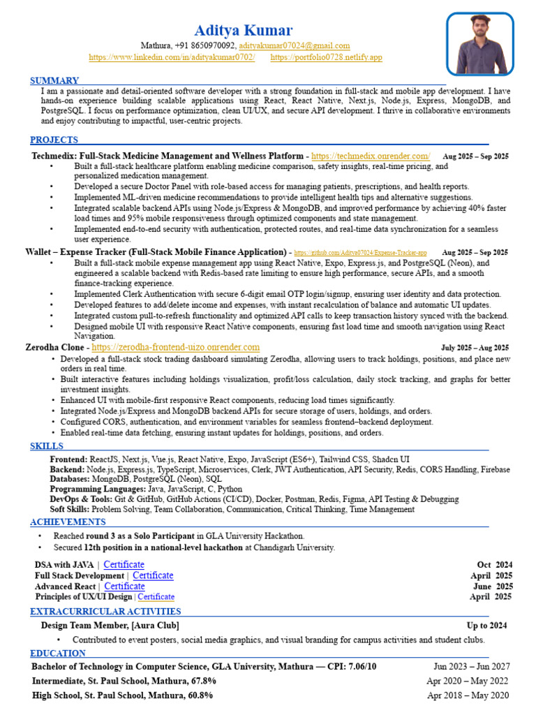Aditya Kumar Resume Compressed-2 | PDF | Postgre Sql | Mobile App