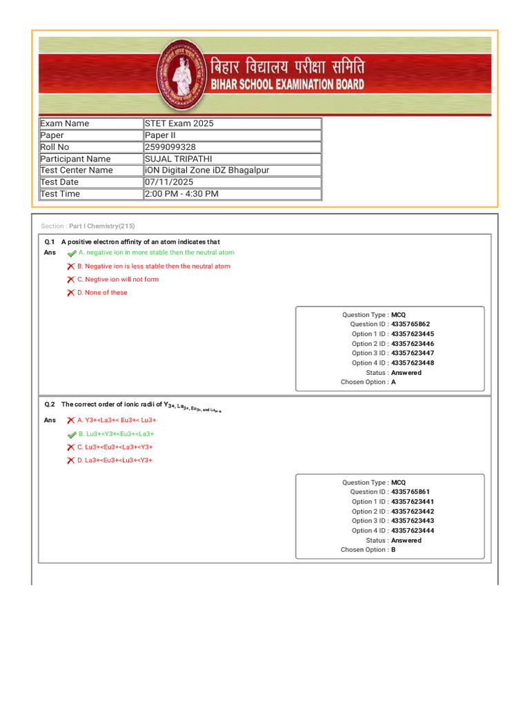 Answer Key of Bihar Stet | PDF | Chemical Bond | Ion
