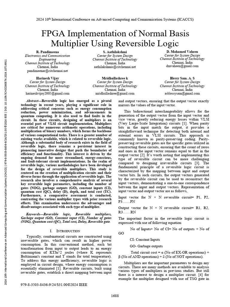 FPGA Reversible Logic Multiplier Design | PDF | Logic Gate | Digital ...
