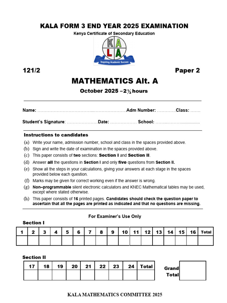2025 Kenya Form 3 Math Exam Paper | PDF | Circle | Equations