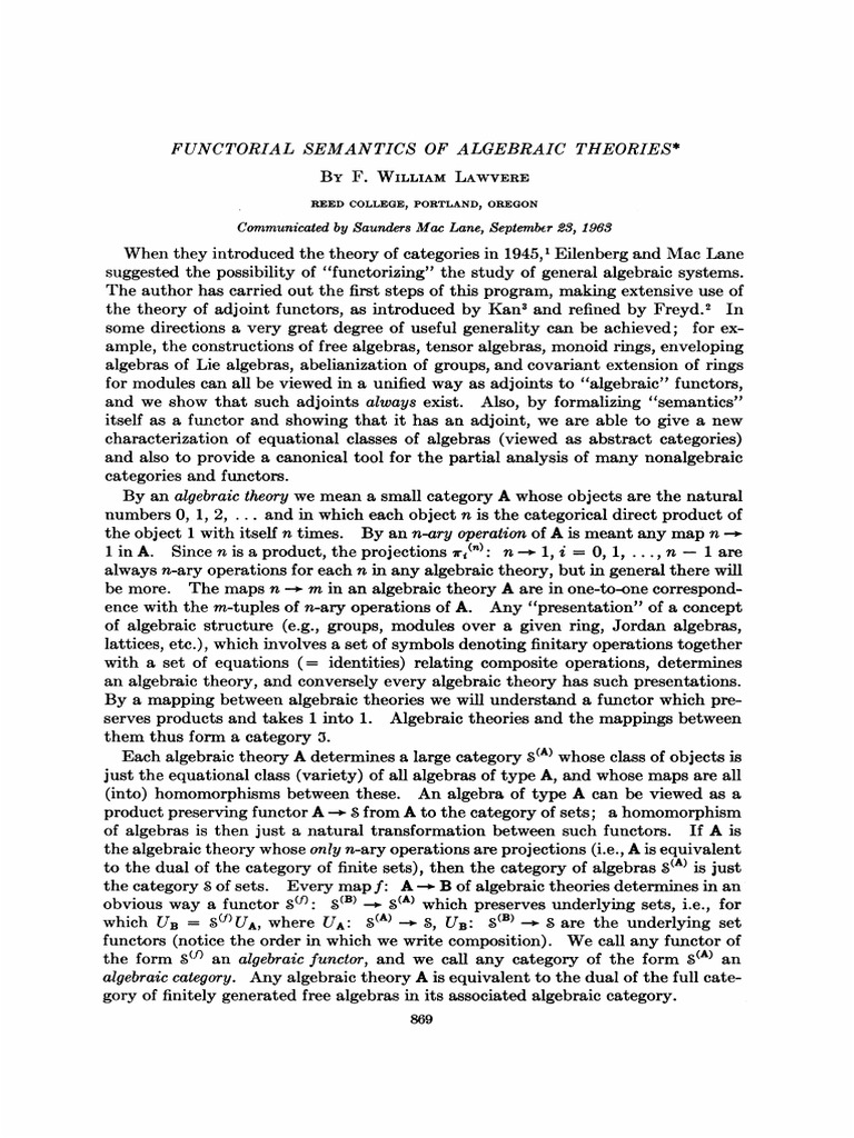 Functorial Semantics in Algebraic Theories | PDF | Functions And ...