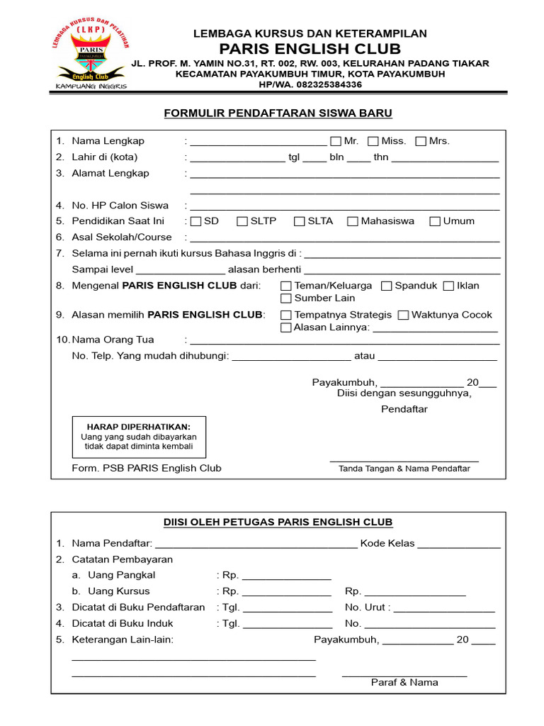 Formulir Pendaftaran Paris English Club | PDF