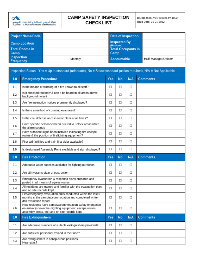 Camp Safety Inspection Checklist | PDF | Kitchen | Hygiene