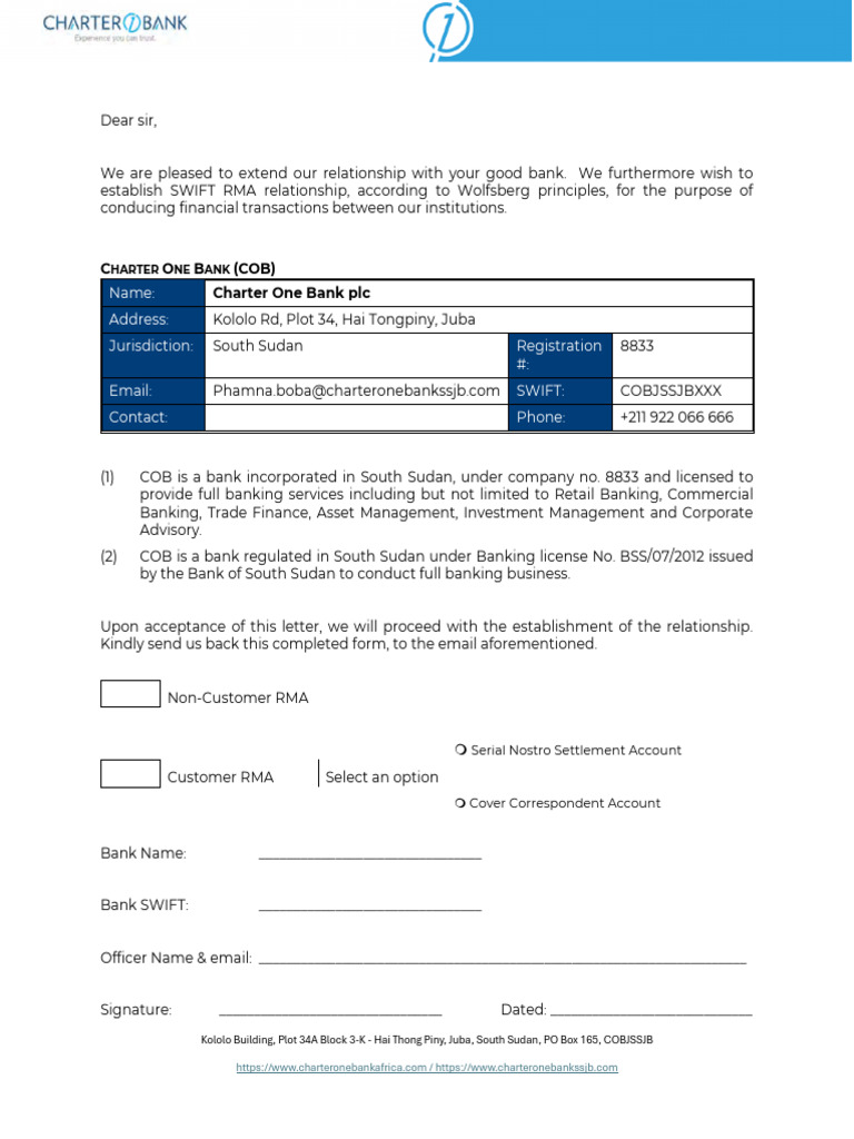 Establishing SWIFT RMA with Charter One Bank | PDF