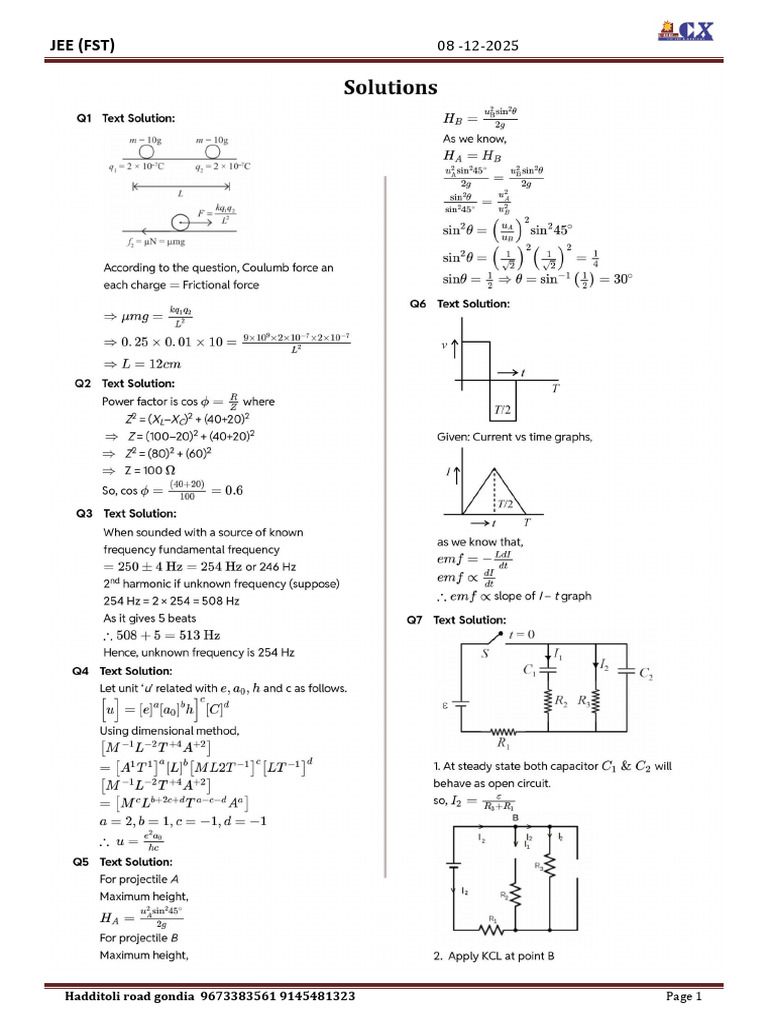 12 TH Jee (FST) - Solution-08.12.2025 | PDF