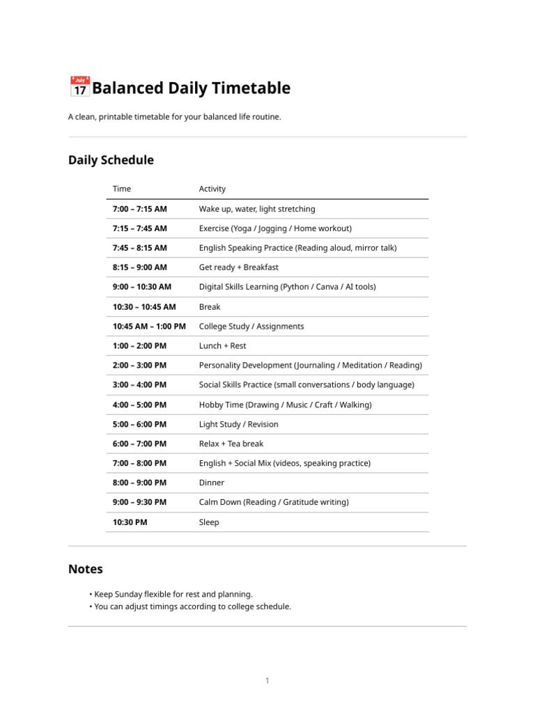 Balanced Daily Life Timetable | PDF
