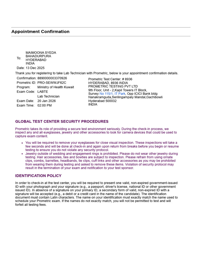 Lab Technician Exam Appointment Confirmation | PDF | Identity Document