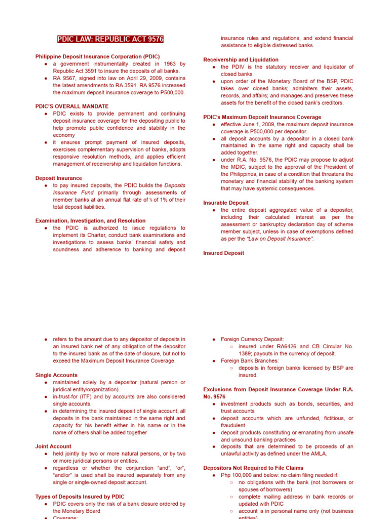 PDIC Law Overview: RA 9576 Summary | PDF | Asset Forfeiture | Money ...