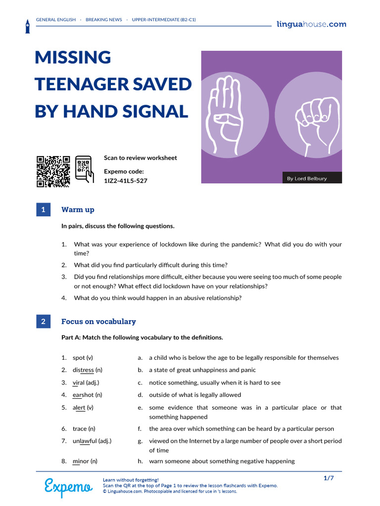 Missing Teenager Saved by Hand Signal British English Student B2 C1 | PDF