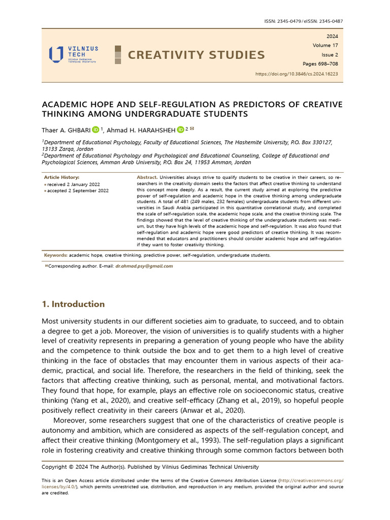 Academic Hope and Self-Regulation As Predictors of Creative Thinking ...