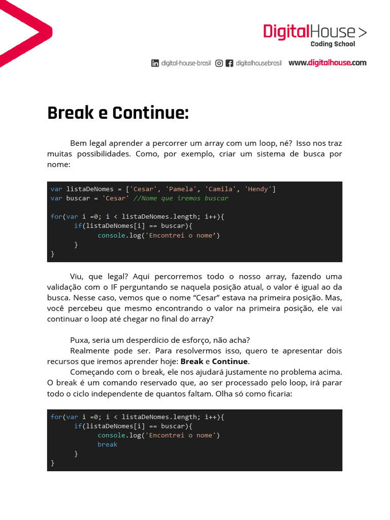 Break e Continue em Loops no JavaScript | PDF