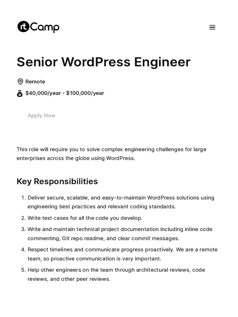 Senior WordPress Engineer Remote Job | PDF