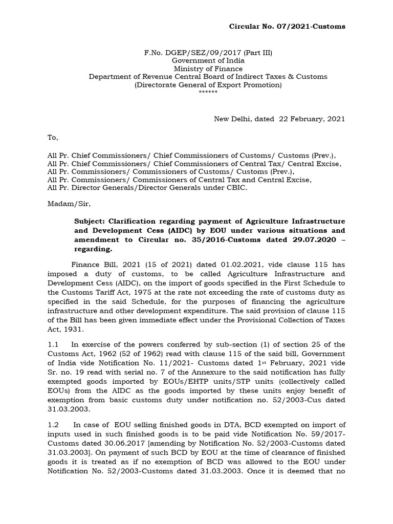 Circular-No-07-2021 - AIDC For EOUs | PDF | Customs | Taxes