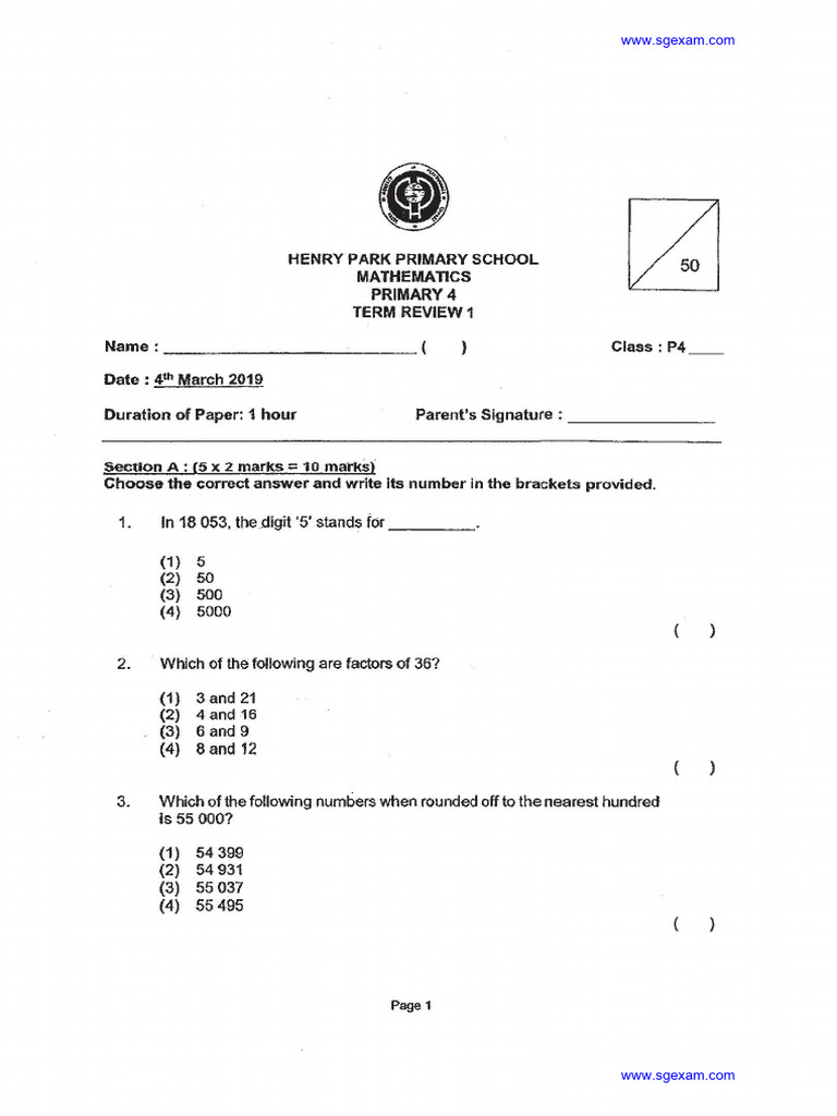 2019-P4-Math - Henry Park School - 1 | PDF