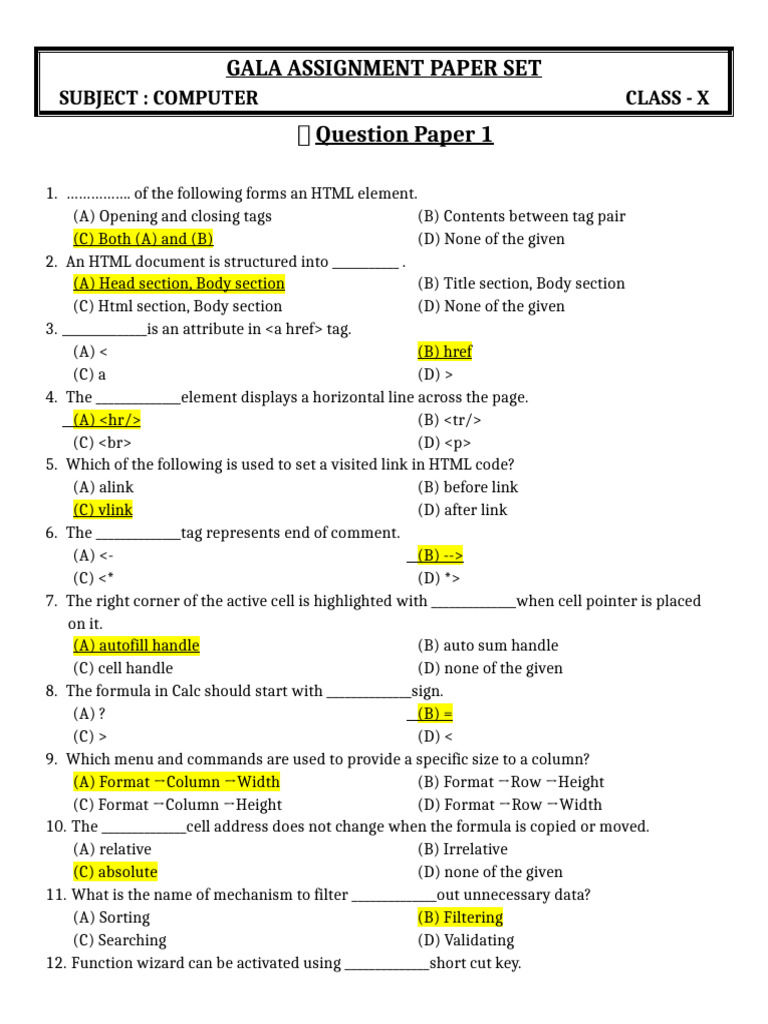 Computer Class X Gala Assignment Paper | PDF | Html | Control Flow