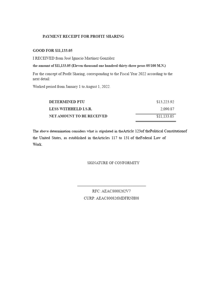Payment Receipt For The Concept of Profit Sharing | PDF