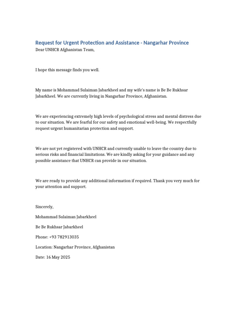 UNHCR Request Letter | PDF