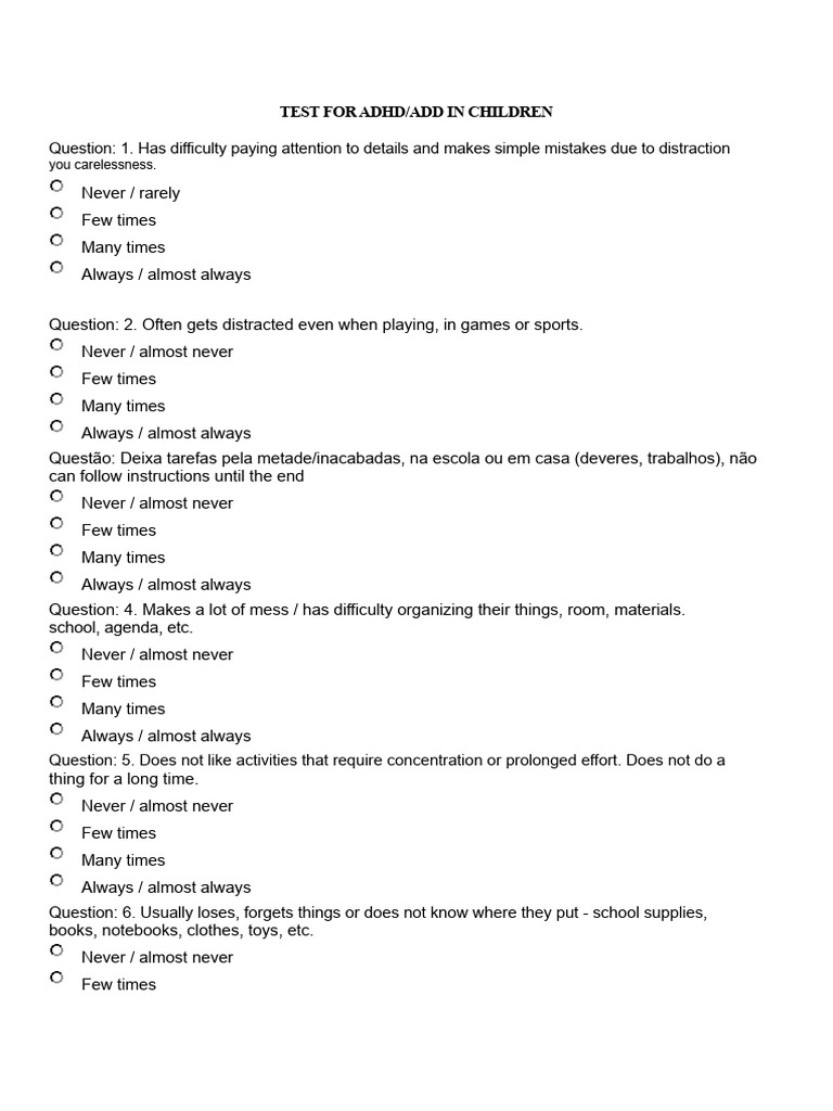 ADHD/ADD Assessment Questionnaire | PDF | Attention Deficit ...
