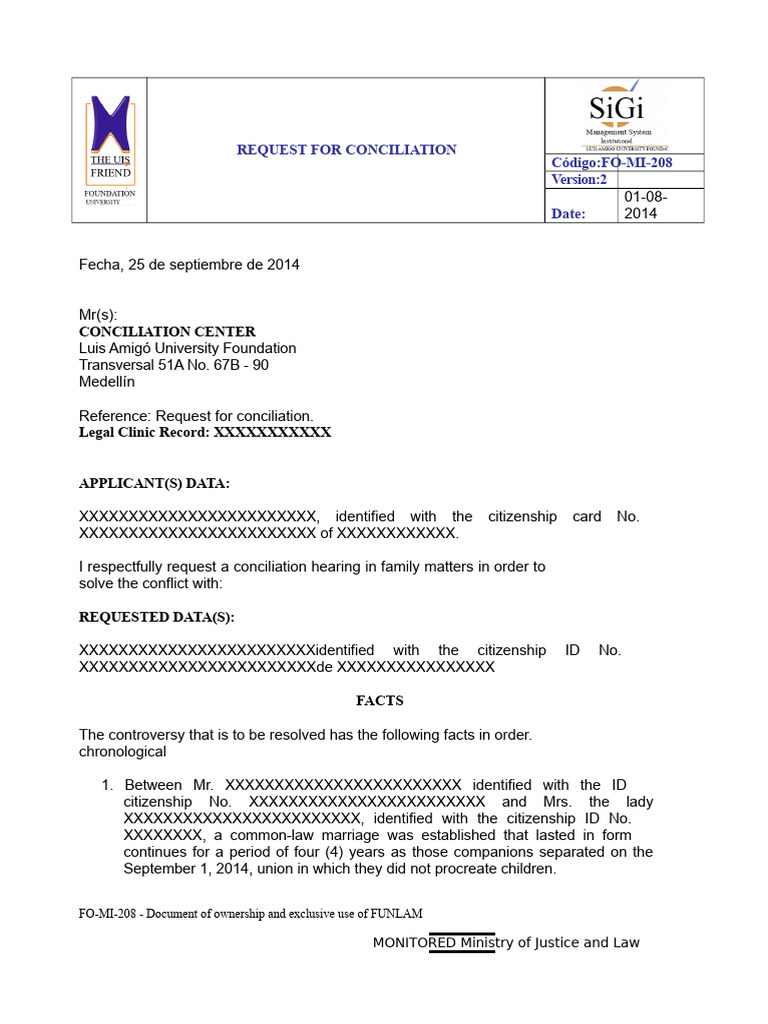 60 Format Request for Conciliation of Common-Law Marriage and Common ...