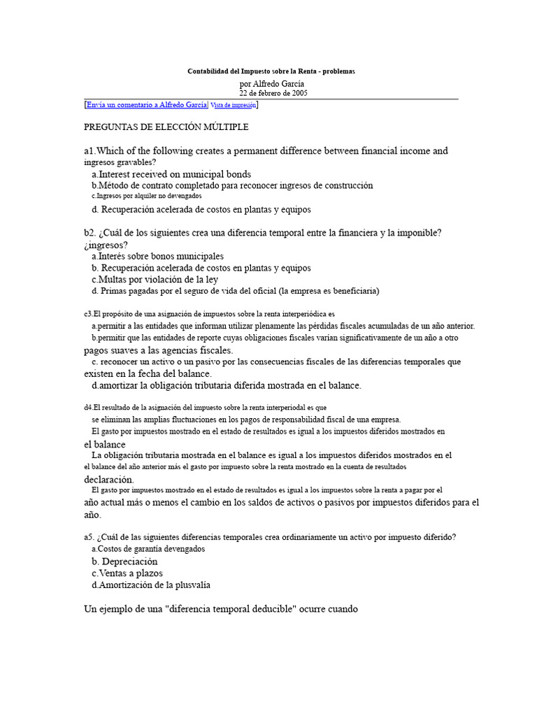 Problemas de Contabilidad del Impuesto sobre la Renta | PDF | Estado de ...
