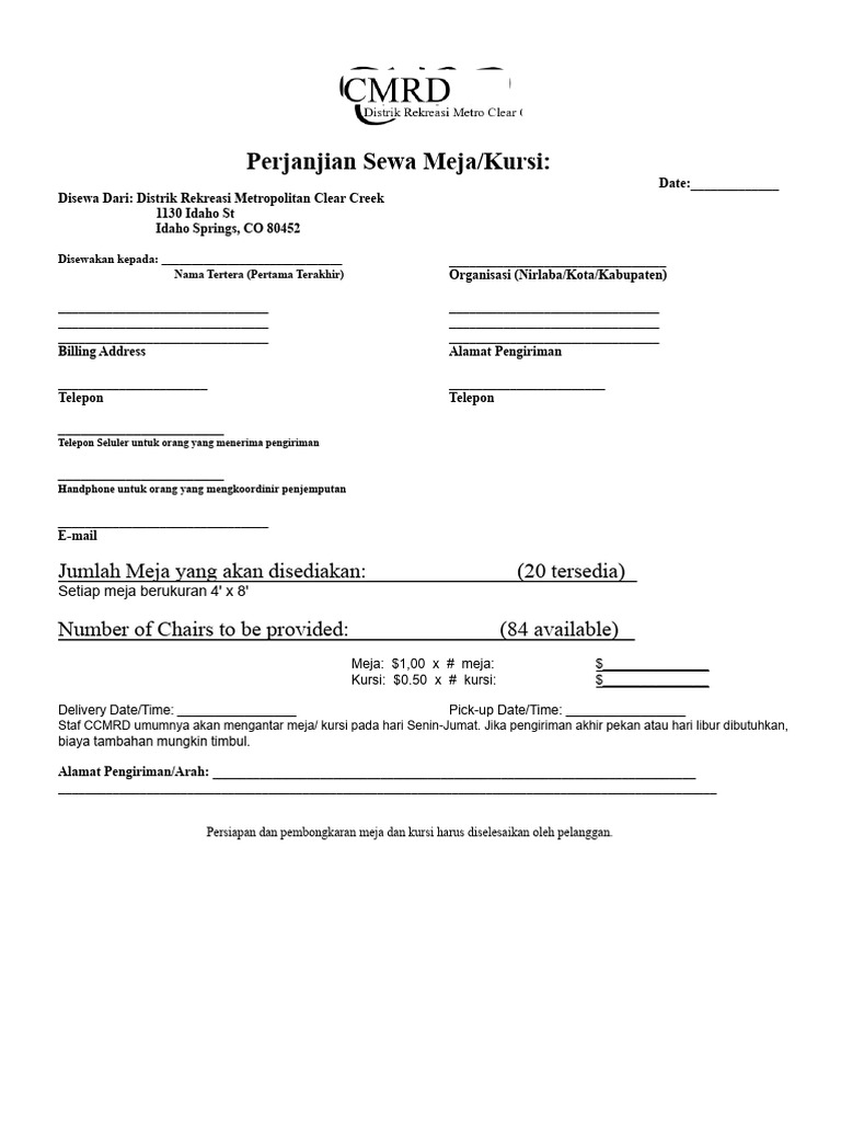 Perjanjian Sewa Meja dan Kursi CCMRD | PDF