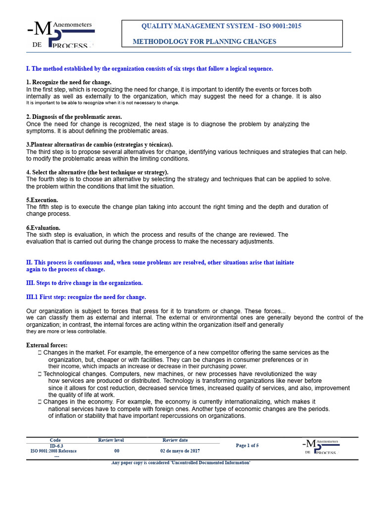 ISO 9001:2015 Change Planning Guide | PDF | Goal | Quality Management