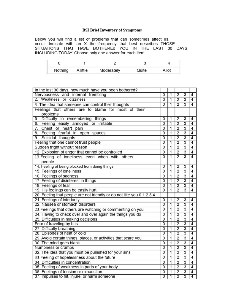 BSI Symptoms Inventory Checklist | PDF | Anxiety | Diseases And Disorders