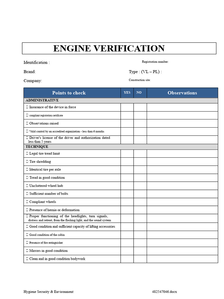 Engine Verification Checklist Guide | PDF