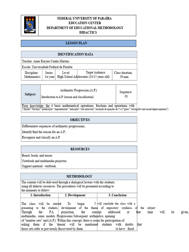 LESSON PLAN - Arithmetic Progression - Educational Didactics | PDF ...