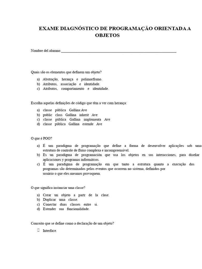 Exame de Programação Orientada a Objetos | PDF