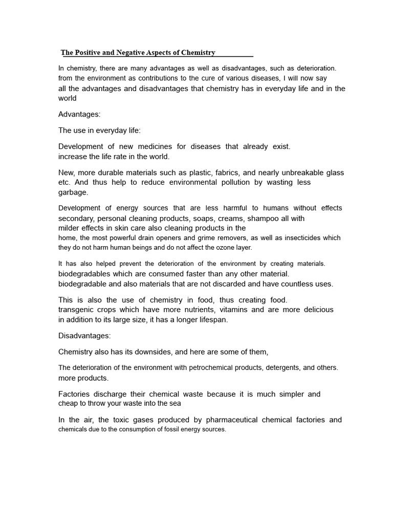 Pros and Cons of Chemistry in Life | PDF | Chlorine | Fuels
