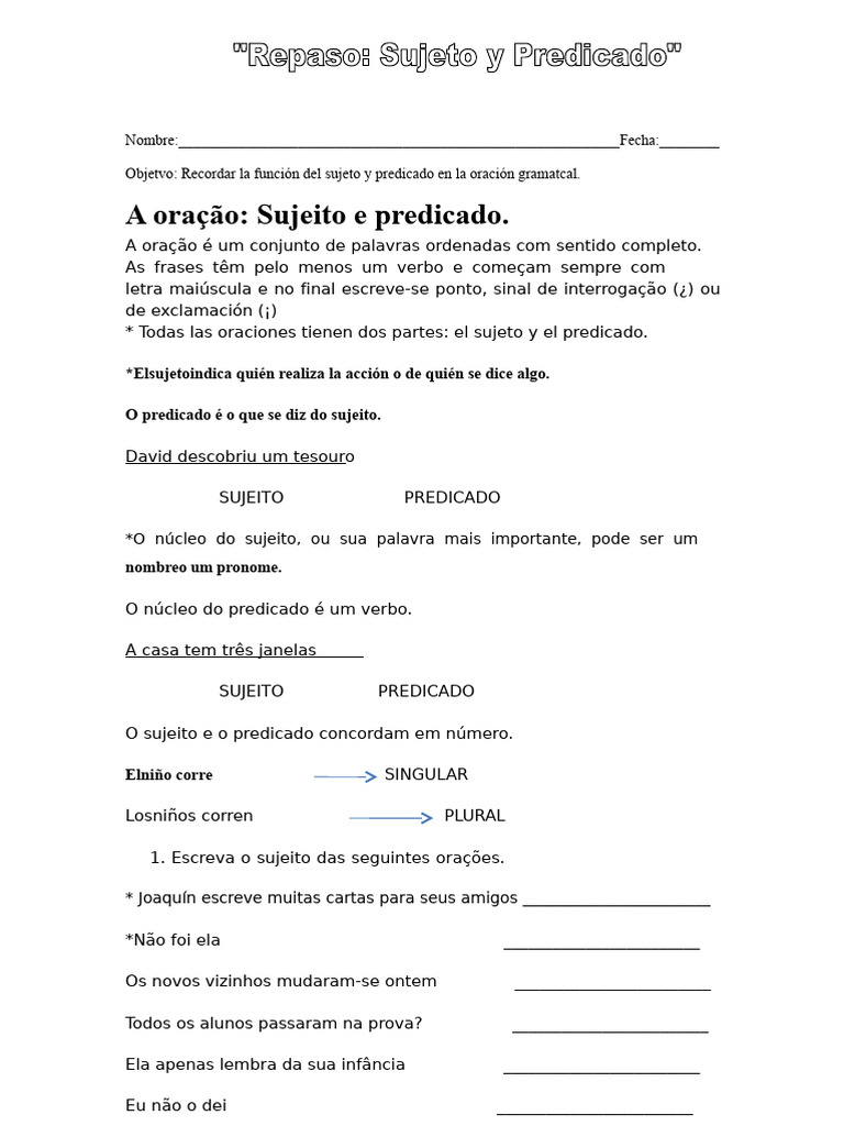 Sujeito e Predicado na Oração | PDF | Assunto (gramática) | Predicado ...