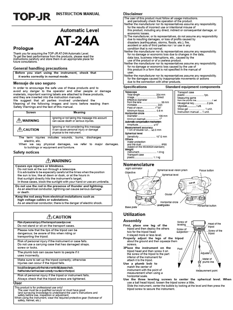AT-24A Automatic Level User Manual | PDF | Surveying