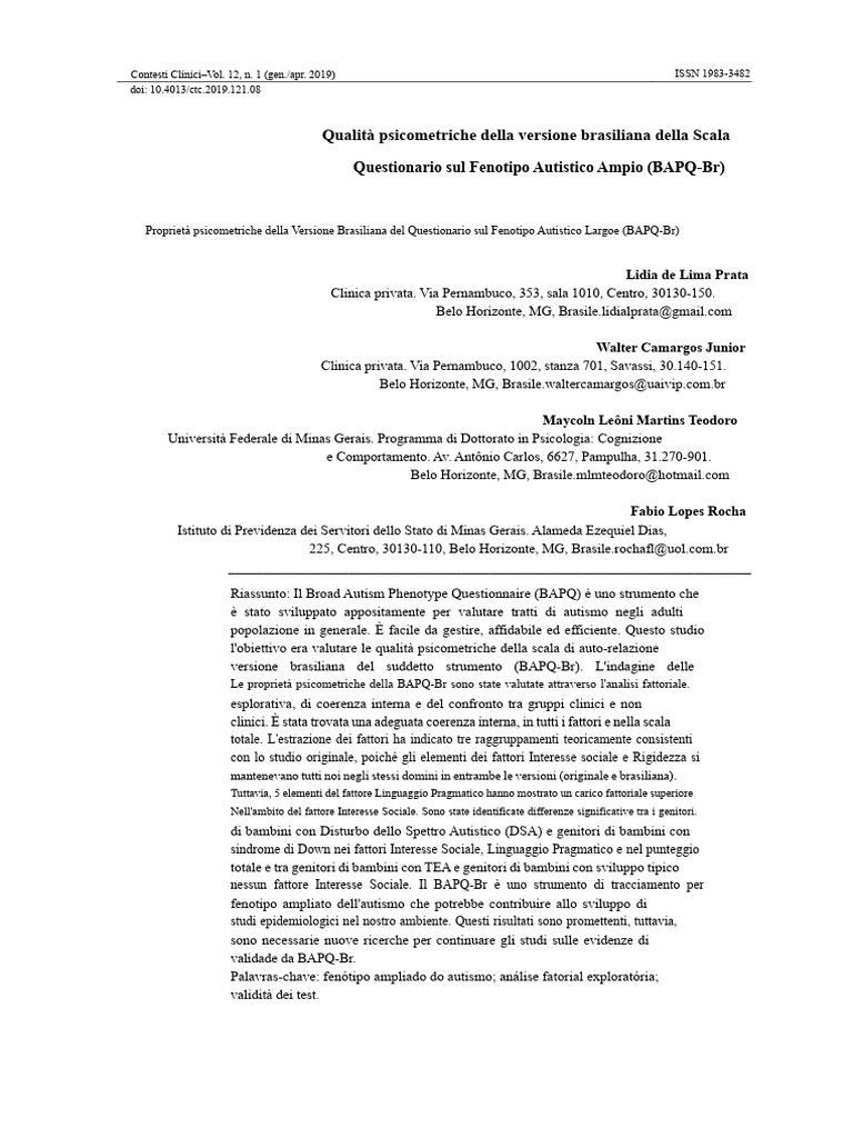 Questionario Sul Fenotipo Autistico Largamente Diffuso - BAPQ-Br | PDF
