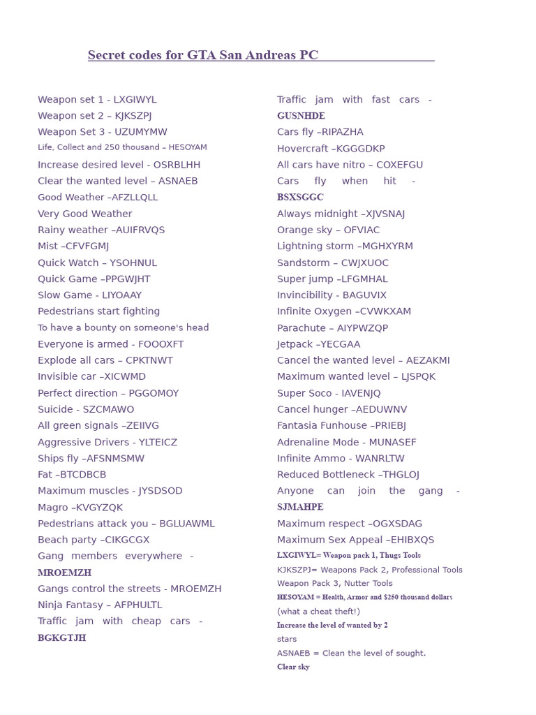 GTA San Andreas PC Cheat Codes List | PDF | Transport