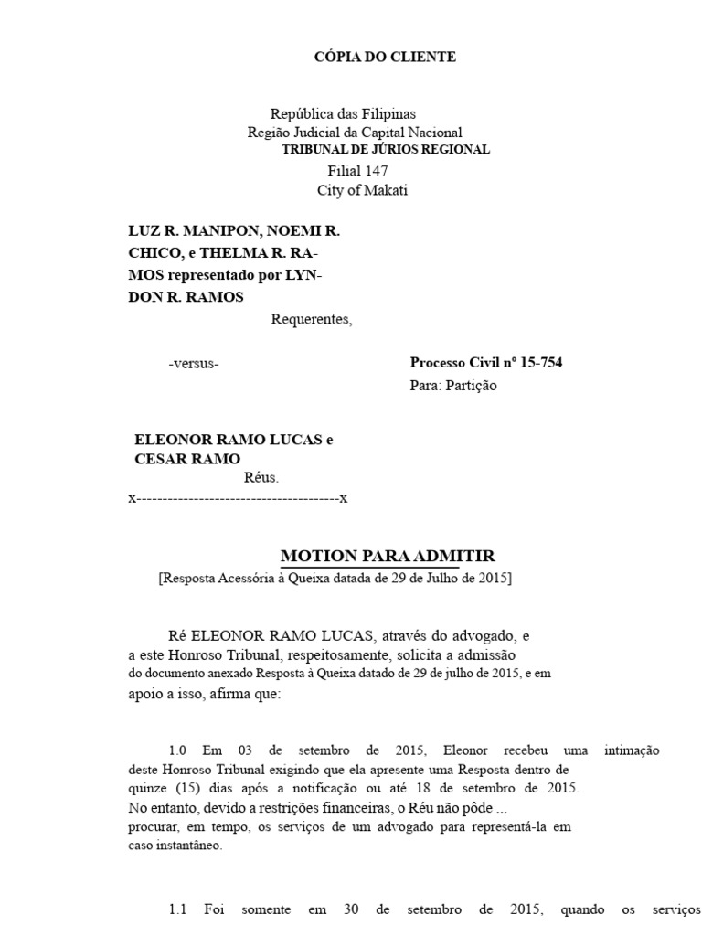 Moção para Admitir Resposta | PDF | Réu | Advogado
