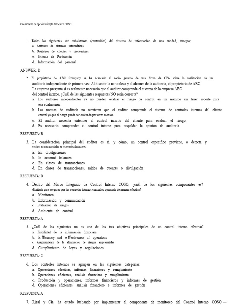 Cuestionario COSO sobre Control Interno | PDF | Auditoría | Ingeniería ...