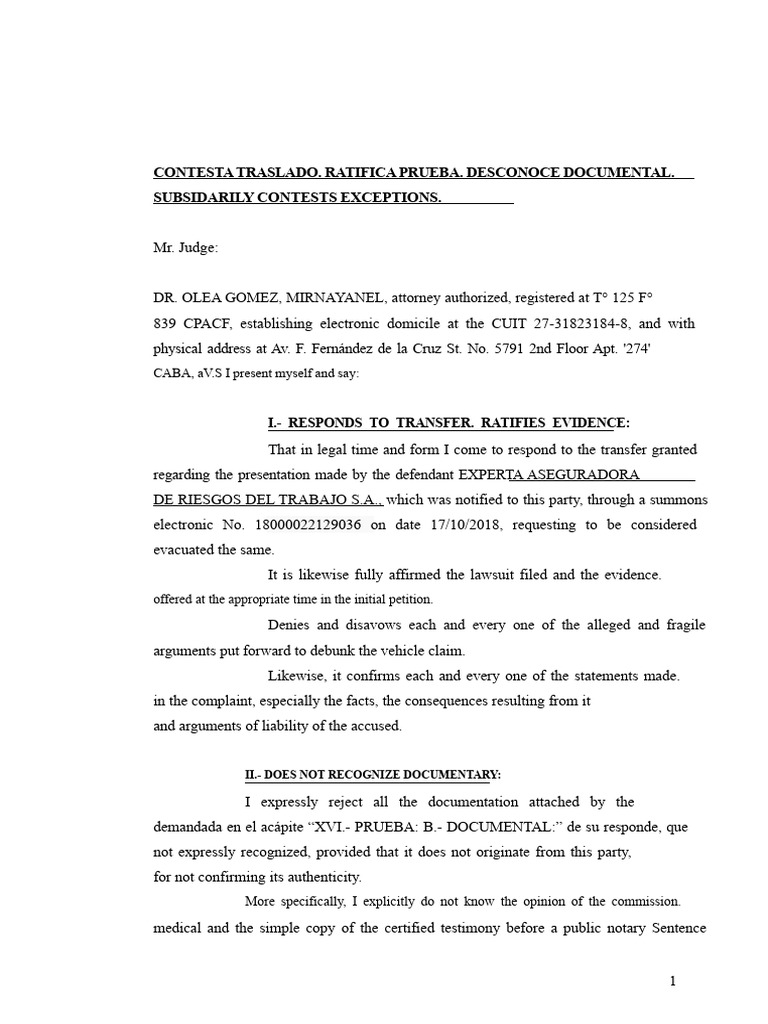Legal Response to Transfer and Evidence | PDF | Lawsuit | Judge