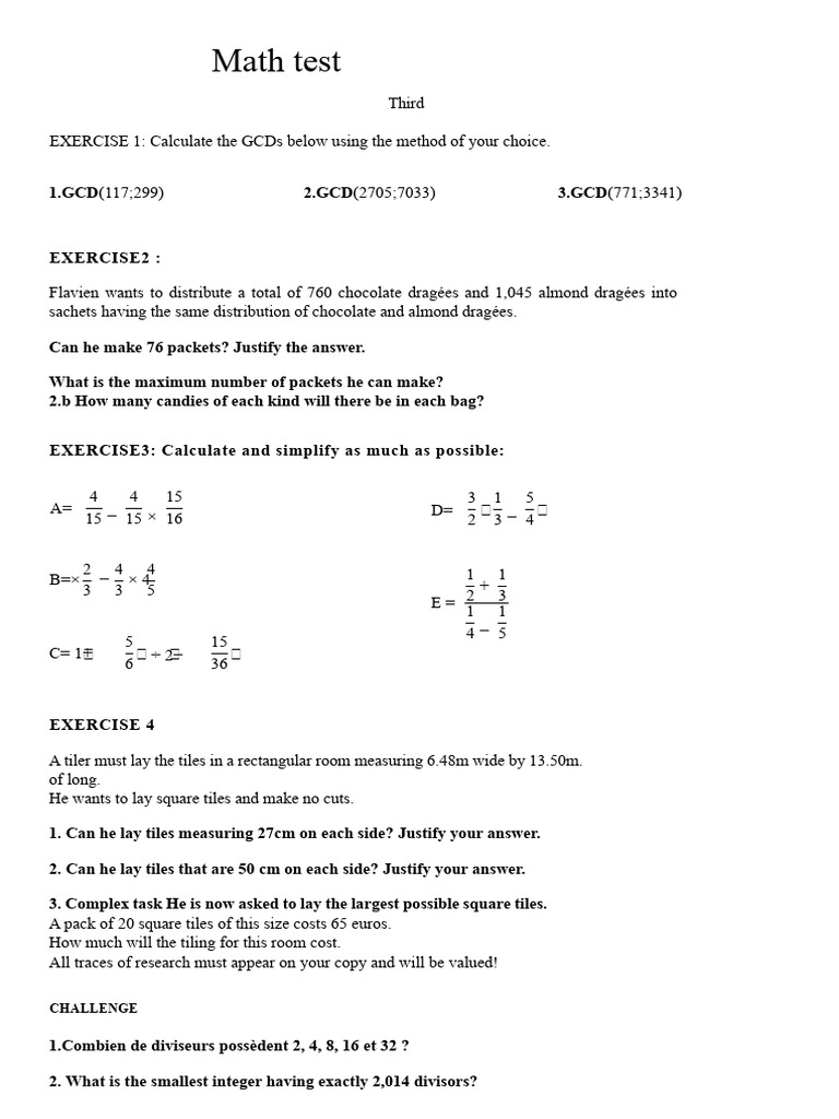 Math Test: GCDs and Tiling Problems | PDF | Number Theory | Mathematics