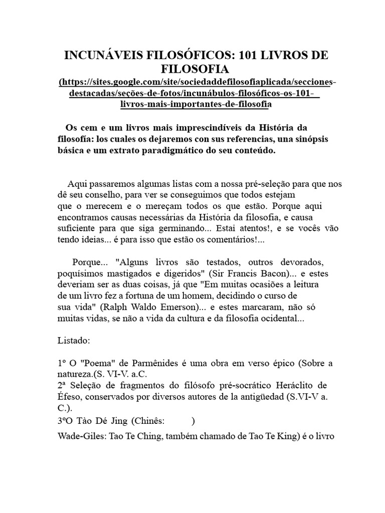 101 Livros Mais Importantes em Filosofia Incunábulos Filosóficos | PDF ...